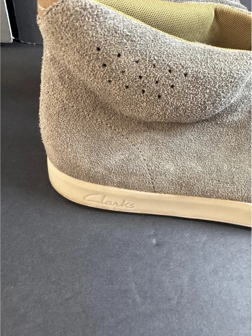 Clarks Men's Beige Suede Desert Boots with Yellow Pull Tab